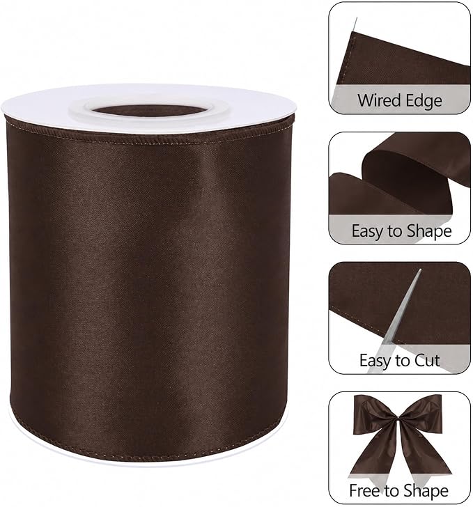 Brown 4 Inch Continuous 15 Yards Satin Wired Ribbon - Image 3