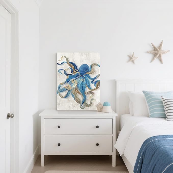 Octopus Canvas Wall Art Blue and Gold Sea Animal Picture Ocean Life Theme - Image 6
