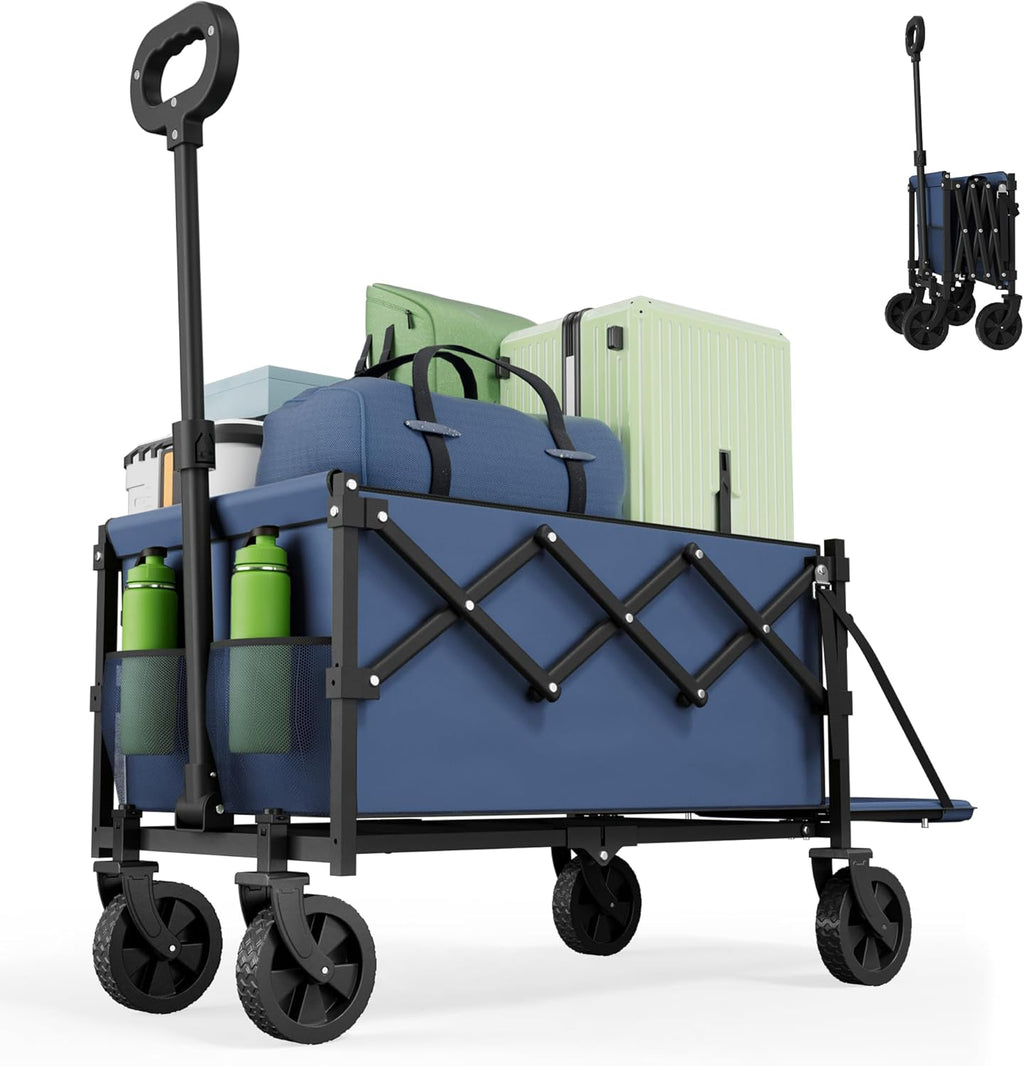 Collapsible Folding Wagon with Tailgate, Wagons Carts Foldable with 350lbs Capacity, Lightweight Portable Utility Wagon Cart for Shopping Camping Sports Garden (Navy)