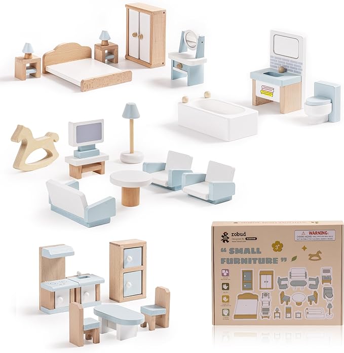 ROBUD Wooden Dollhouse Furniture Set, Miniature Furniture Including 5 Room Kits by ROBUD