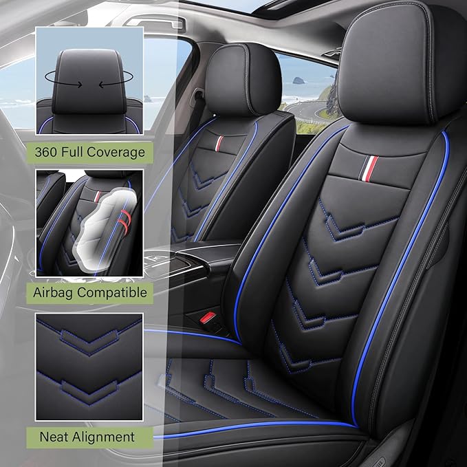 Leather Car Seat Covers Fit for LR Range Rover Sport 2023-2025, 5 Seater Waterproof and Wear-Resistant Seat Cover Interior Accessories(Full Set,Black&Blue)