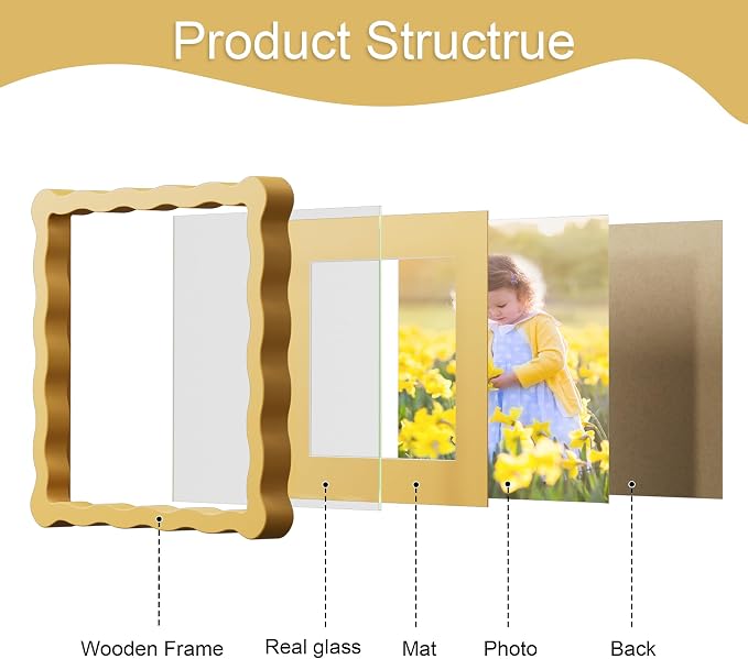 8x8 Picture Frame with Mat for 6x6, Wavy Edge Wooden Real Glass Photo Frame for - Image 5