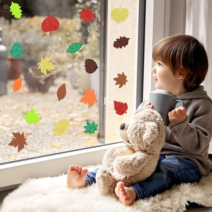 600Pcs Glitter Fall Leaf Foam Sticker Self Adhesive Maple Leaves | Autumn - Image 5