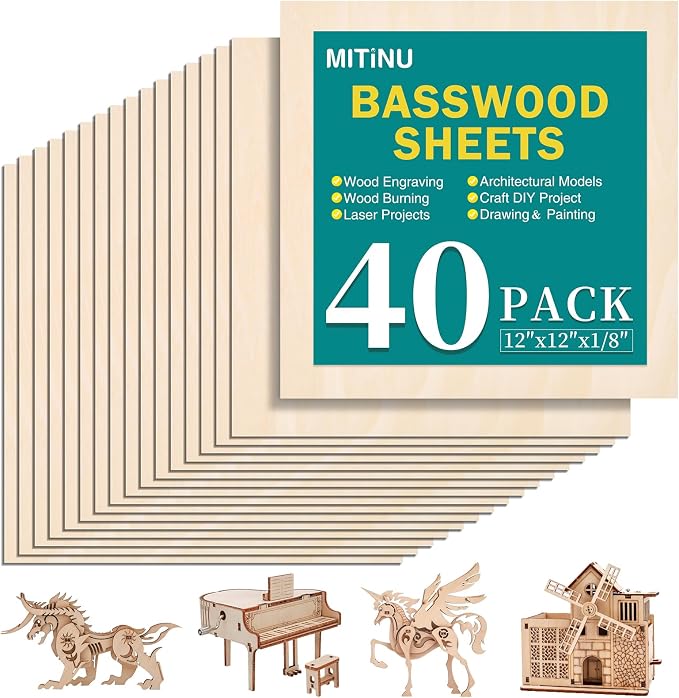 40 Pack Basswood Sheets for Crafts, Wood Burning, Architectural Models by MITINU