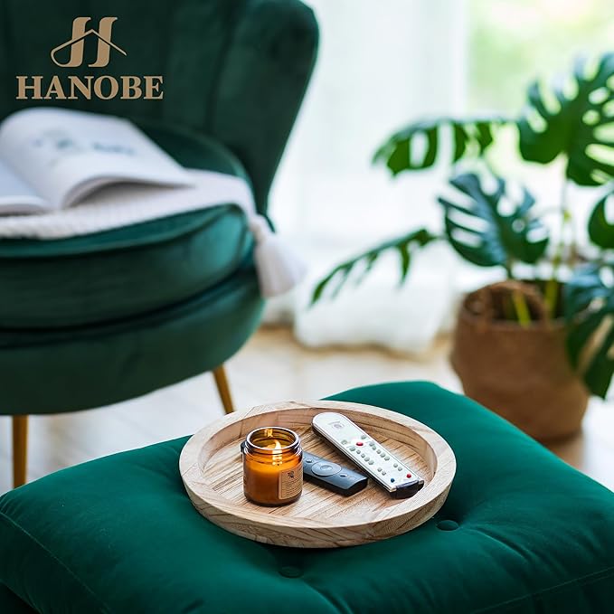 Hanobe Wooden Decortaive Coffee Table Tray, Round Candle Holder Centerpiece | - Image 3