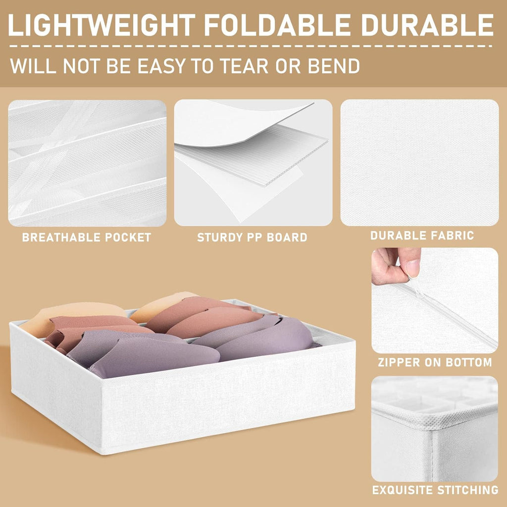 3 Pack Bra Underwear Drawer Organizer Dividers, 26 Cell Fabric Foldable Dresser Closet Organizers and Storage Boxes for Baby Clothes, Bra, Socks, Underwear, Ties (5+5+16 Slots, White)