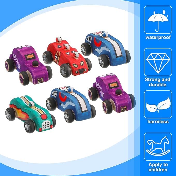 Sumind 12 Pieces Wood DIY Car Toys Unfinished Wooden Cars Paintable Race Cars - Image 3