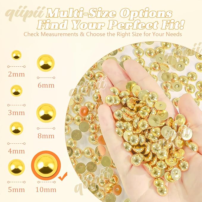 qiipii 220PCS 10mm Shiny Gold Round Half Round Pearls - Image 3