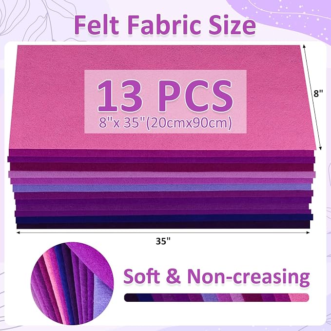 XSEINO 13 Rolls 8"x35" 1.4mm Thick Soft Felt Fabric Sheet 13 Assorted Purple - Image 3