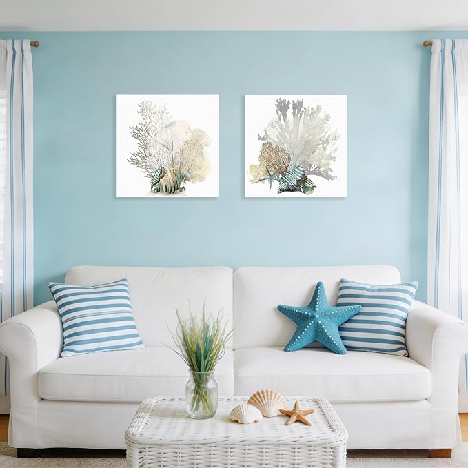 JAPO ART White Coral Wall Art Coastal Wall Decor Beach Bathroom Decor Sea Shell - Image 6