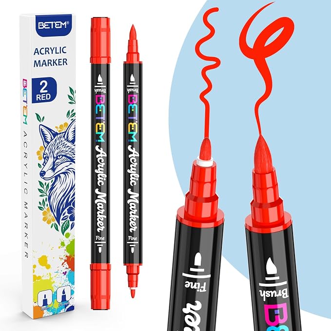 Betem Dual Tip Acrylic Paint Pens, 2 Red Paint Markers by BetemArtWorld