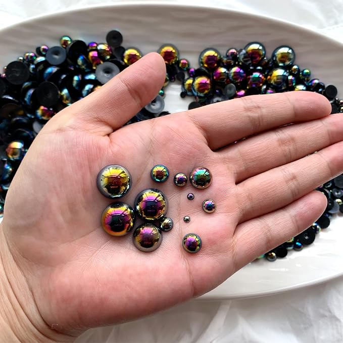 1500PCS 3-14mm BlackAB Flatback Pearls, 150g Half-Round ABS Pearls - Image 3