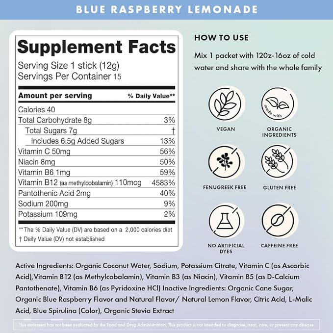Boobie Hydromom Superfood Electrolyte Drink Mix, Blue Raspberry Lemonade | Refreshing Energy & Hydration Boost for Mamas | On-The-Go & Travel Essentials for Pregnancy, Lactation, & Beyond, 15 Packets