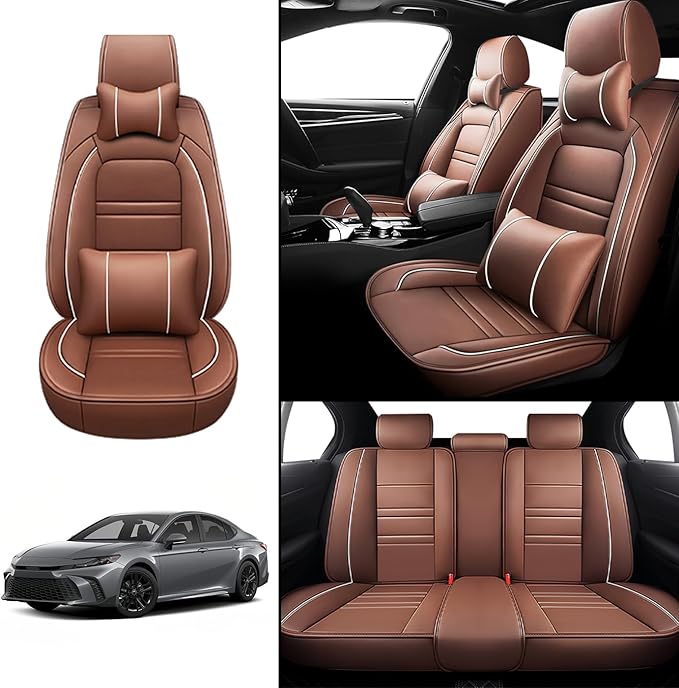 Car Seat Covers for Toyota Camry 2002-2025 | 5-Seats Seat Covers, Waterproof Seat Protectors, Automotive Seat Covers (Full Set with Pillow,Coffee)