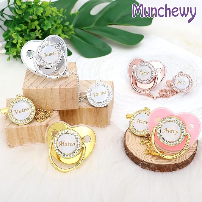 Personalized Pacifier with Name, Customized Pacifier Clip Set with Gift Box, Bling Crystal Soother, Ideal Gift for Boys Baby Shower Birthday Christmas Newborn Photography(Bling Blue)