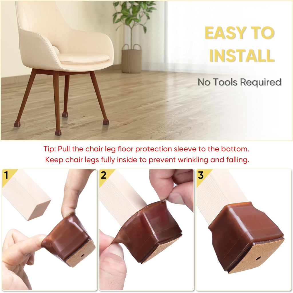 BALEINE 32 Pack Silicone Chair Leg Floor Protectors, Stool Leg Protectors Cap, Non-Slip Chair Leg Caps for Hardwood Floors (Brown & Large (Square), 32 Pack)