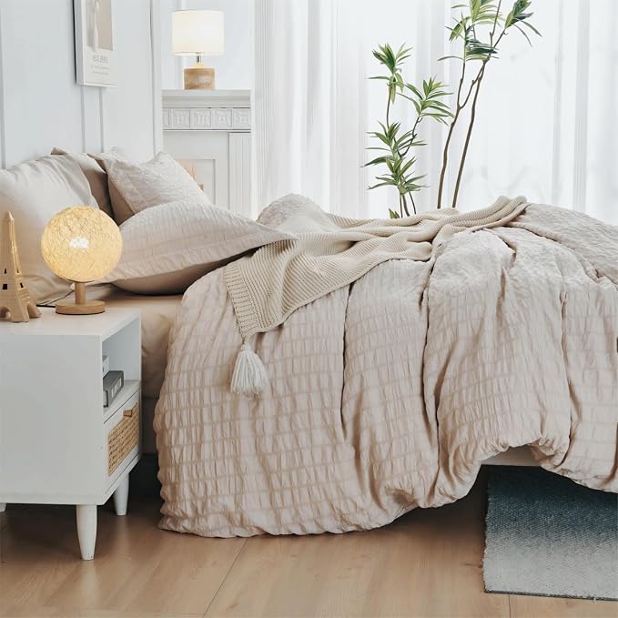 HYMOKEGE Beige Duvet Cover Queen Size, Ultra Soft 3-Piece Seersucker Duvet - Image 5