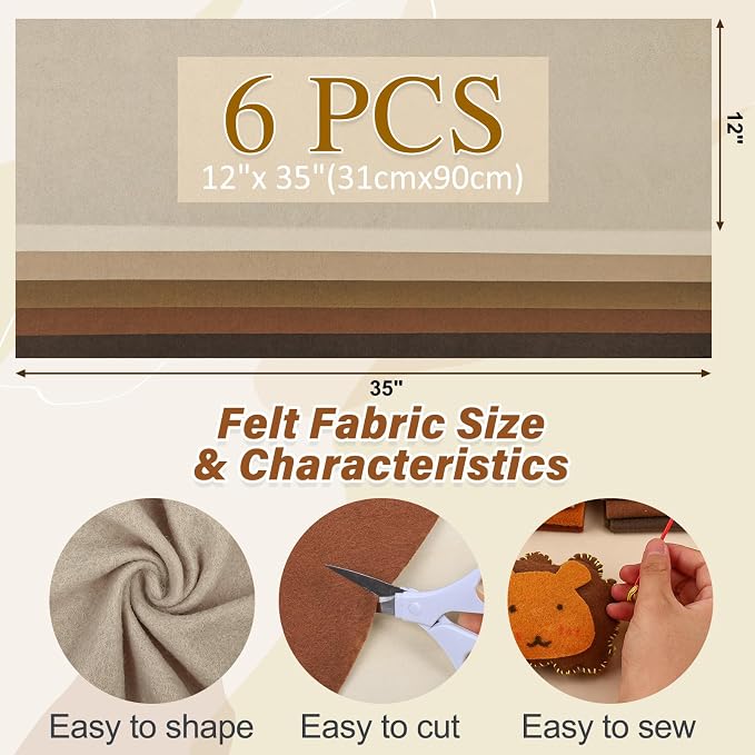 XSEINO 6 Rolls 12"x35" 1.4mm Thick Soft Felt Fabric Sheet 6 Assorted Earth Tone - Image 2
