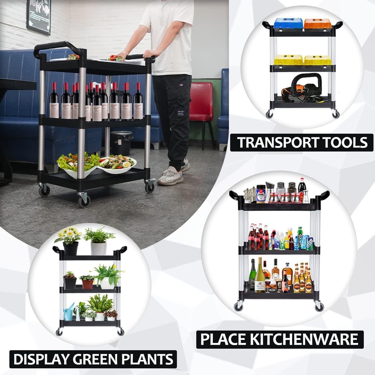 Plastic Utility Carts with Wheels, Heavy Duty 510lbs Capacity Rolling Service Cart, 3-Tier Restaurant Food Cart with Hammer for Office, Warehouse, Garage (Lockable Wheels, Black)