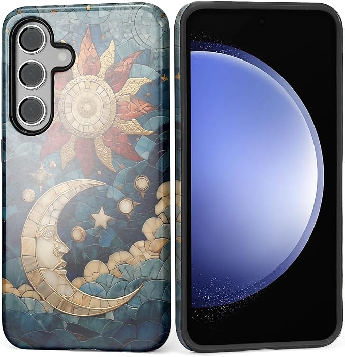 Case for Samsung Galaxy S25 Case, Sun Moon Stars Faux Stained Glass Design by Kapadiy