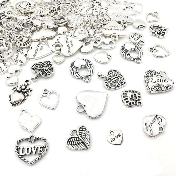WOCRAFT 100 pcs Mix Antique Silver Heart Beads Charms by WOCRAFT