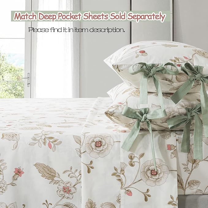FADFAY Floral Bedding Set Queen 100% Cotton Shabby and Chic Beige Green - Image 6