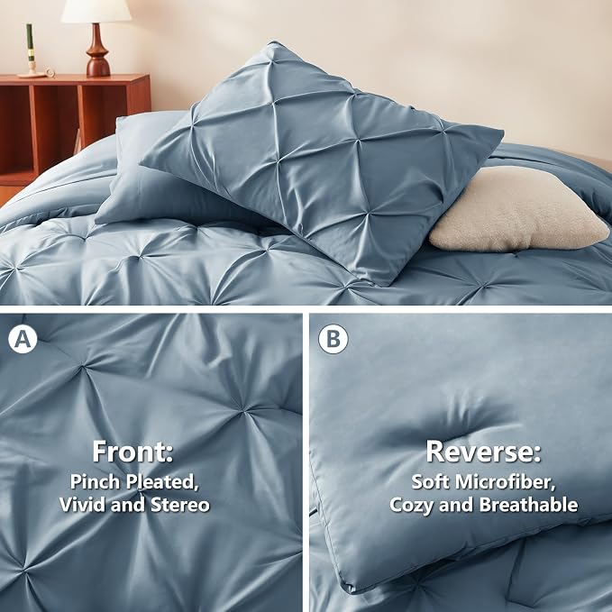 CozyLux Queen Comforter Set Mineral Blue, 7 Pieces Pintuck Bed in A Bag - Image 3