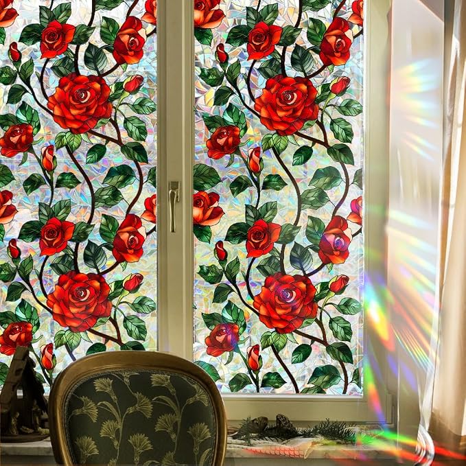 Bloss Rose Stained Glass Windows Film, 23.6x78.7inch 3D Flower Privacy Window - Image 9