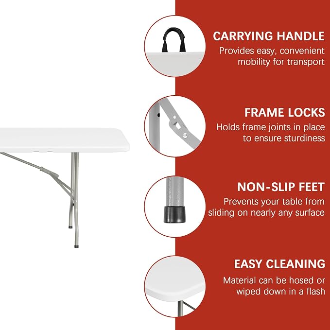 Elevon Folding Table Set of 2, 8 Feet Heavy Duty Fold-in-Half Utility Table - Image 3