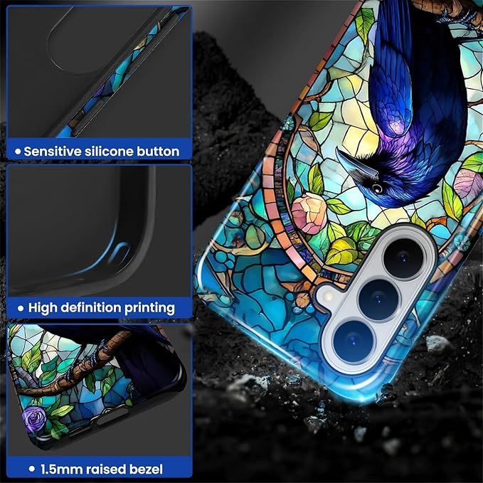 for Samsung Galaxy S26 Case, Crow Faux Stained Glass Pattern Glossy 2 in 1 - Image 4