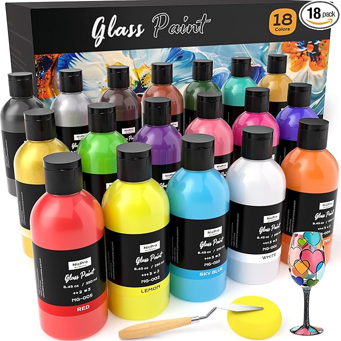 Nicpro 18 Colors Acrylic Glass Paint Set Large Bulk Enamel & Ceramic Painting by Nicpro