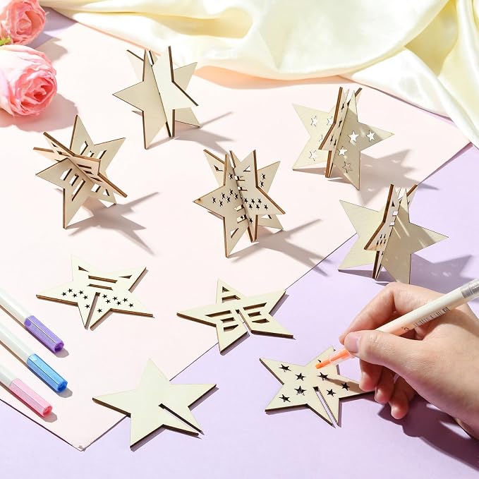 20 pcs 4 Styles Lovely Star Theme Unfinished Wood Cutout Charms 4th of July - Image 5