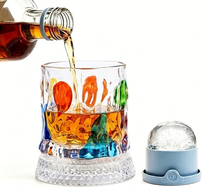 Rotating Whiskey Glass with Large Ice Ball Mold, Single Spinning Crystal by UNOD