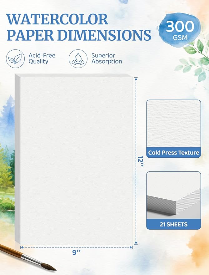 21 Sheets Watercolor Paper 9x12, Cold Press Watercolor Paper Pad, 140 LB/300 - Image 2