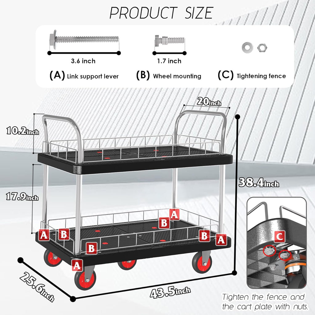 Utility Service Cart 2 Shelf - 880lbs Capacity Heavy-Duty Plastic Rolling Utility Carts with 5 of 360° Swivel Wheels and Handle, Large Service Cart for Groceries, Warehouse,Garage 43.5''x25.6''