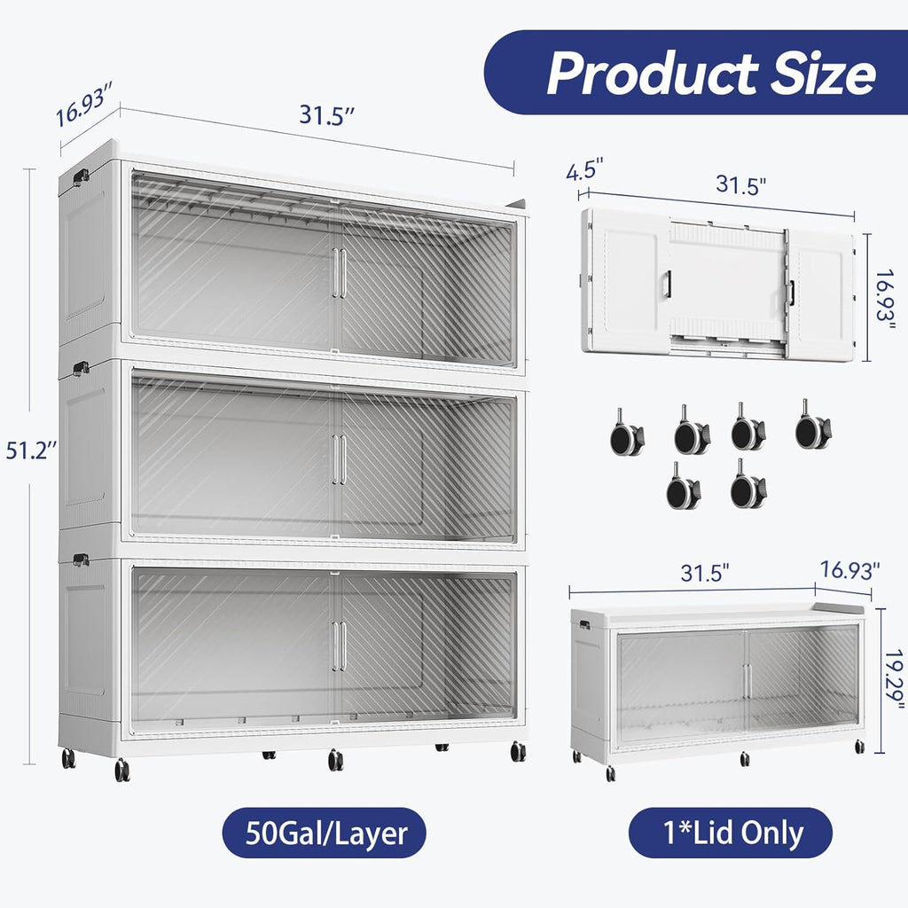 150 Gallon Extra Large Collapsible Storage Bin with Lid, 600QT Stackable Plastic Organizer with 6x Wheels, Foldable Drawer Cabinet for Closet, Living Room Office Dorm 3Pack, White