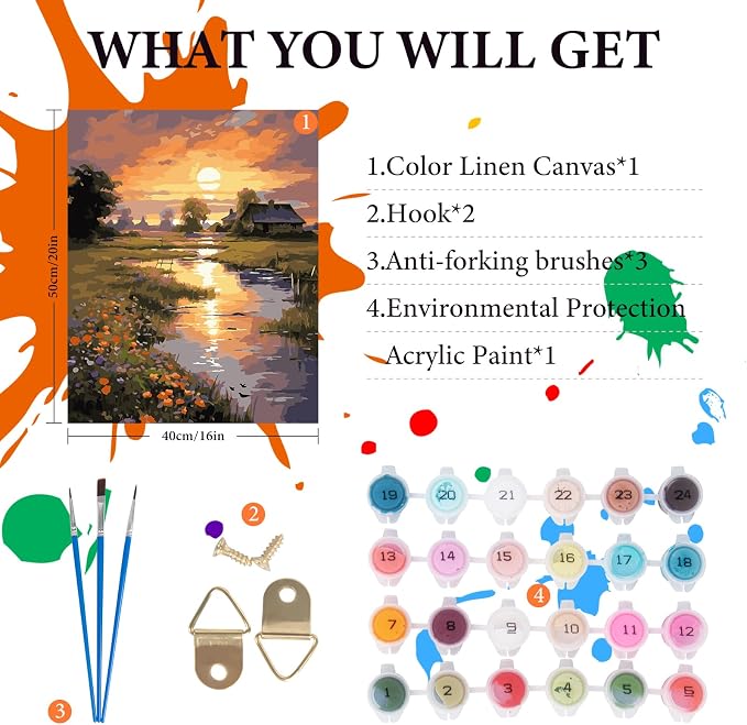 Fountor Paint by Numbers Kit for Adults Beginner, Countryside Sunset Adult - Image 4