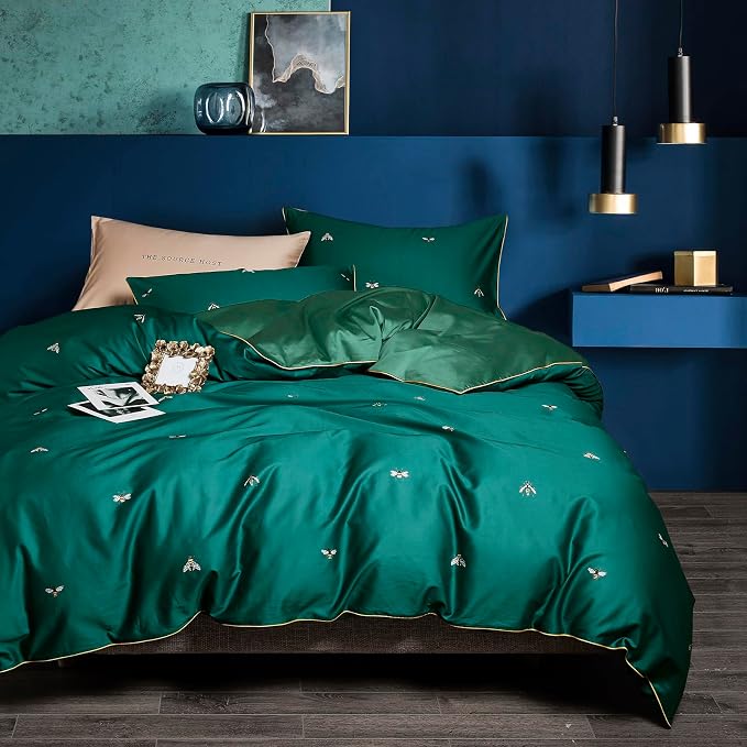 mixinni Dark Green Duvet Cover Full Size, 100% Long Staple Cotton Honeybee by mixinni