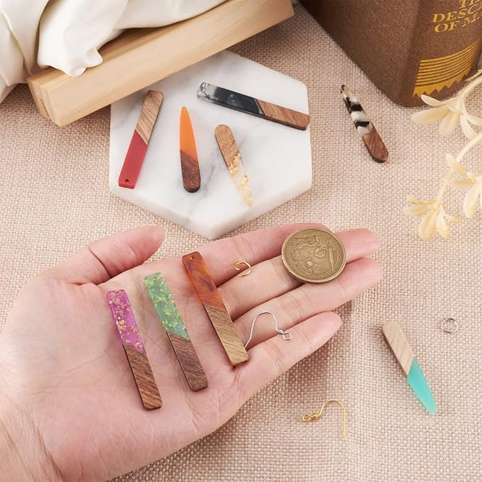 FASHEWELRY 18Pcs Wood Resin Earrings Charms Long Drop & Bar Shape Wooden - Image 7