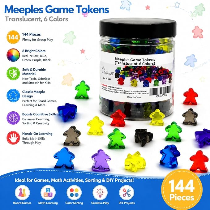 Meeples Game Tokens, 144 Pieces, 6 Colors, Translucent Game Pieces | Board Game - Image 2