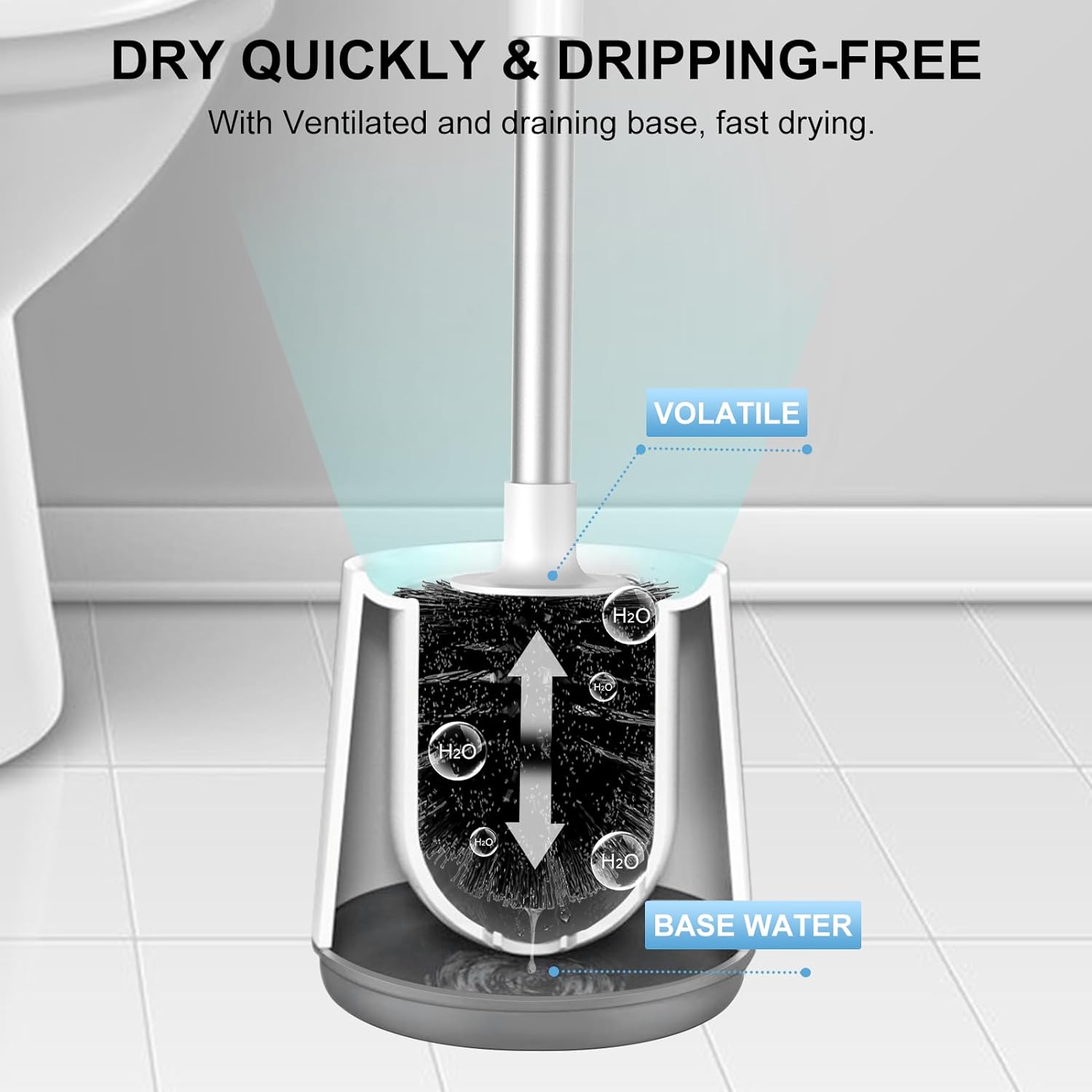 SetSail Toilet Brush and Holder 2 Pack, Self Closing Lid Toilet Bowl Brushes Holder and Extra Long Handle Ventilated Toilet Brush Set for Bathroom Cleaning, Nylon Bristles, White & Grey