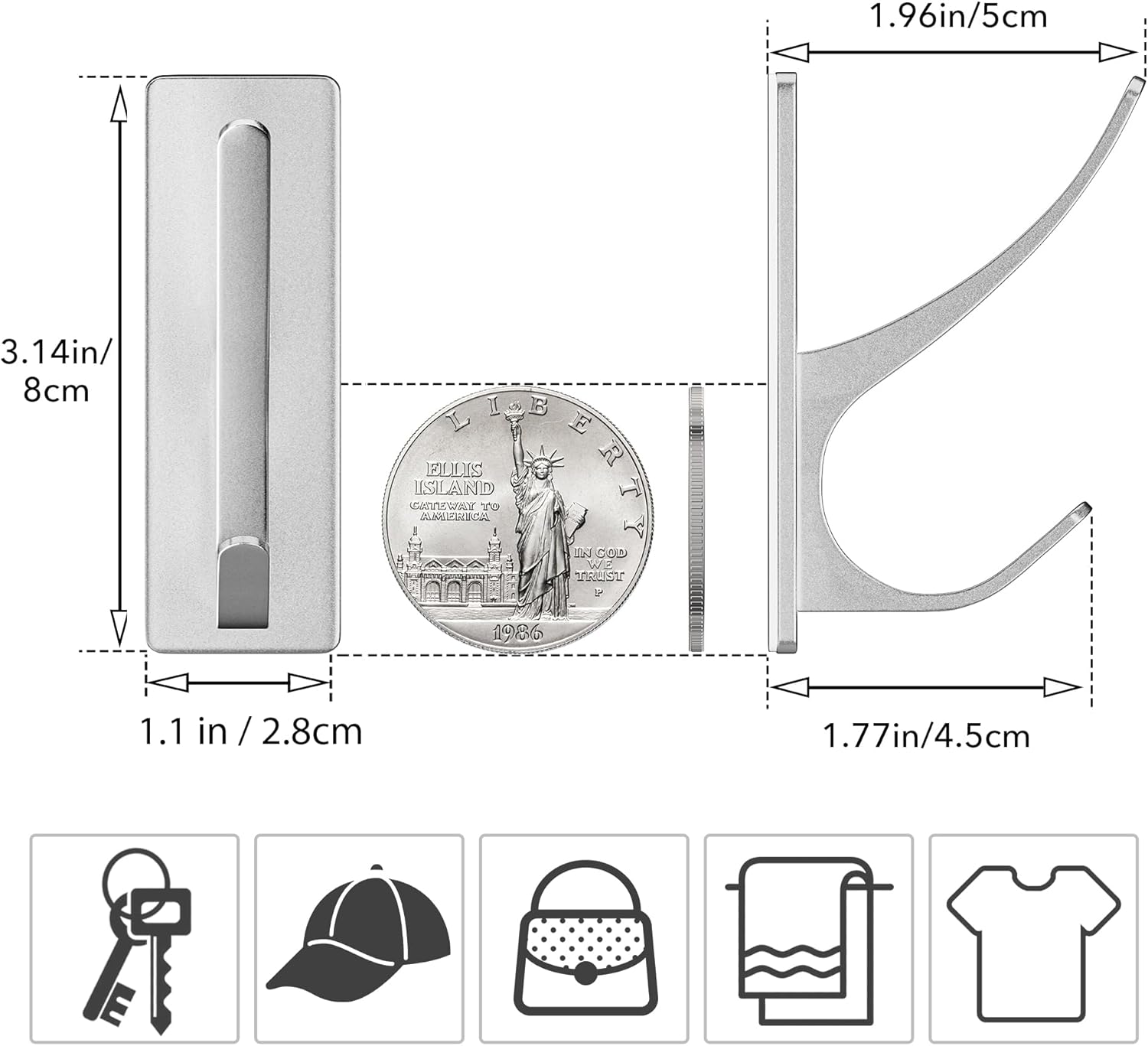 Self-Adhesive Coat Hooks for Hanging - Heavy Duty Stainless Double Wall Hook for Towel, Backpack, Hat, Sturdy Metal Hanger for Bathroom, Bedroom, Door, Wall Mounted, 10-Pack, Silver