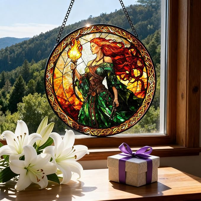 Greatingreat Stained Glass Window Hanging Brigid Goddess, Home Room Decor 7.8 - Image 6