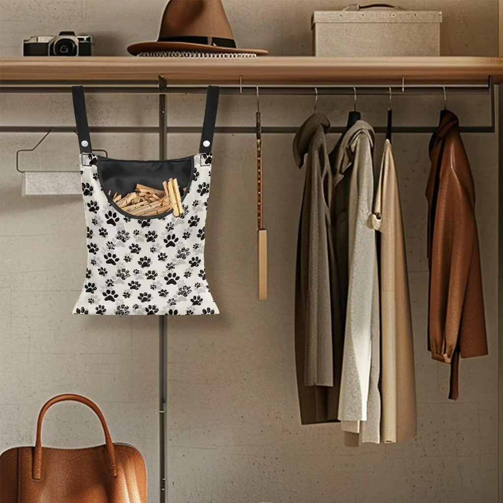 Dog Paw Print Clothespin Bag with Hanging Hook Summer Laundry Clothes Pin Holder Waterproof Clothes Pin Hanging Bag Clothespin Storage Organizer with Large Opening