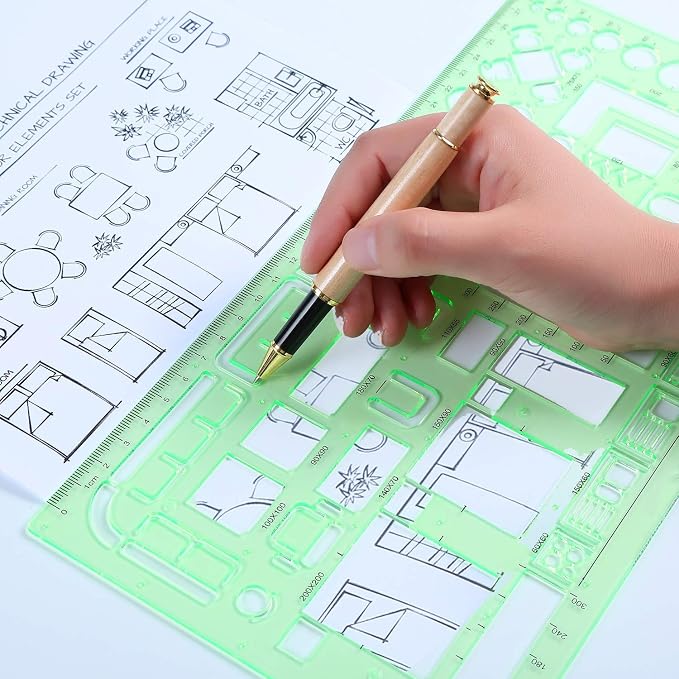 11 Piece Geometric Drawing Template Measuring Ruler, Transparent Green Plastic - Image 3