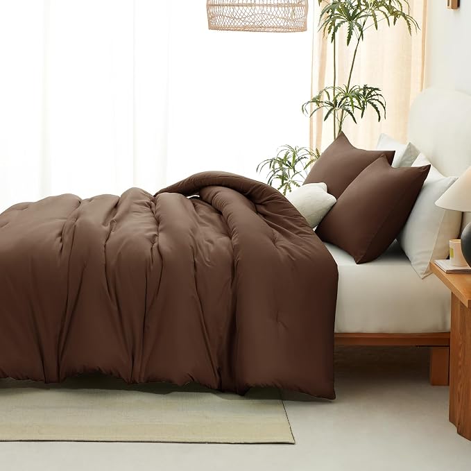 CozyLux Full Size Comforter Set Brown, 3 Pieces Solid Breathable Quilted - Image 8