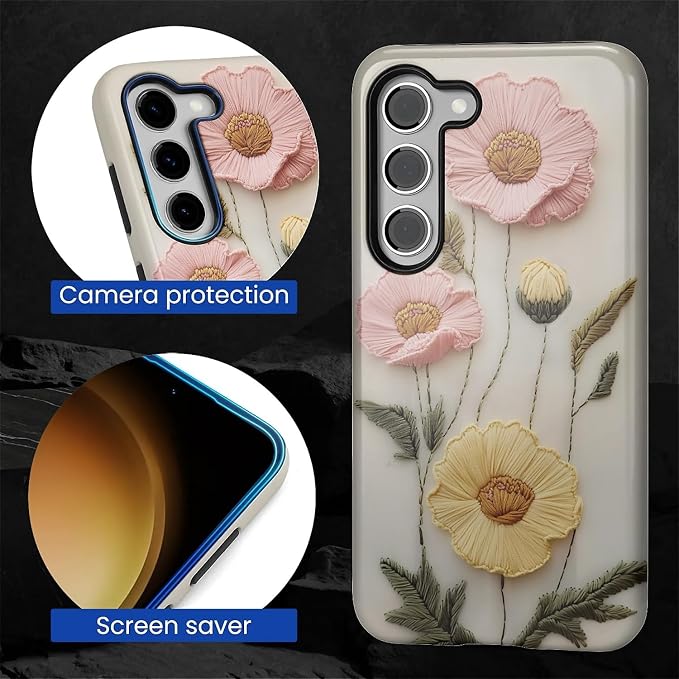 Case for Samsung Galaxy S23 Case, Faux Embroidery Boho Floral Design Hybrid - Image 2