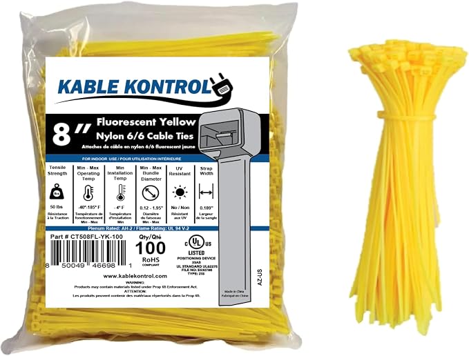 Kable Kontrol Fluorescent Yellow Zip Ties 8 Inch 100 Pcs, 50 Lbs Tensile by KABLEKONTROL%C2%AE