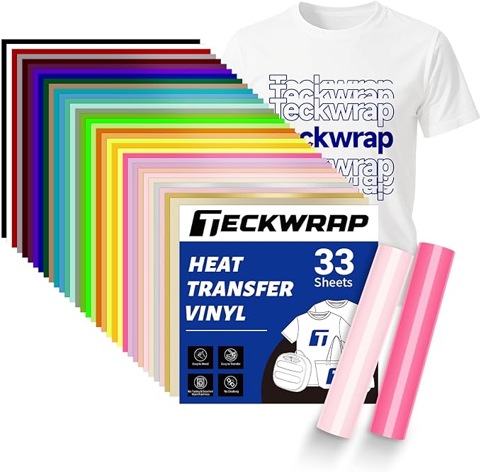 TECKWRAP Heat Transfer Vinyl for T-Shirts 33 Sheets 12"x12" Easy Cut & Weed | by TECKWRAP