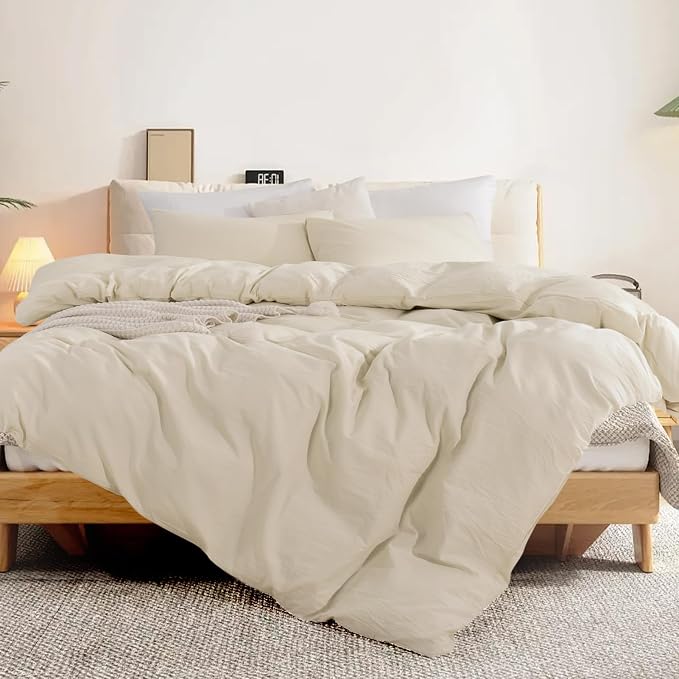 NEXHOME PRO Duvet Cover Set Queen Size Linen Feel Textured Cream Grey Organic - Image 4
